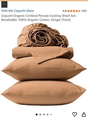 NWT Coyuchi 100% Organic Cotton Crinkled Percale Cooling Sheet Set Ginger (Twin)